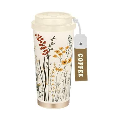 Imagem de SEHANY Caneca de viagem colorida de ervas silvestres de 500 ml Copos de café reutilizáveis revestidos de cerâmica com tampa à prova de vazamento, parede dupla, isolamento a vácuo, copo de café de aço