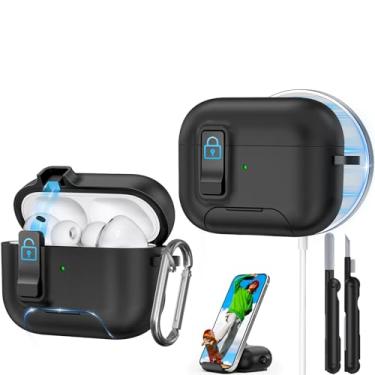 Imagem de Capa para AirPods Pro 3 2025, compatível com Airpods Pro 3ª geração, trava de segurança, suporte de telefone, pop-up automático, compatível com MagSafe, inclui kit de limpeza e chaveiro (preto)