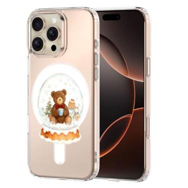 Imagem de MAYCARI Capa de telefone de Natal para iPhone 16 Pro Max compatível com ímã bola de cristal marrom urso transparente capa de telefone magnética para meninas e mulheres capa protetora à prova de choque