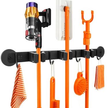 Imagem de Xiuouix Suporte magnético para vassoura de parede com 4 ganchos e 3 prateleiras - Gancho de esfregão antiderrapante resistente para esfregões molhados e ferramentas de limpeza na geladeira, porta de