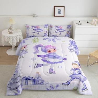 Imagem de Jogo de cama kawaii, princesa patinadora, reversível, para meninas, roxo, com árvores de Natal, 3 peças, enchimento de edredom de luxo para presente de ano novo, 2 fronhas
