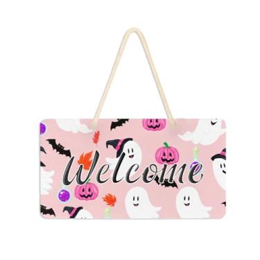 Imagem de Burbuja Placa de boas-vindas com elementos de Halloween para porta da frente, placa de boas-vindas de PVC para decoração de férias, 15 x 28 cm