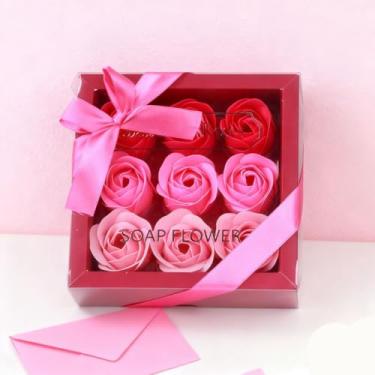 Imagem de Buquê de flores de sabão gradiente rosa em caixa de presente, sabonete rosa realista para decoração de mesa de casa, floral artificial
