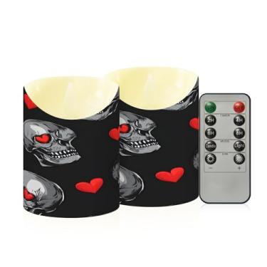 Imagem de Wassud Pacote com 2 velas de caveira cinza com corações sem chama com controle remoto, velas realistas cintilantes com temporizador, velas decorativas para Natal, casamento, festa, decoração de casa