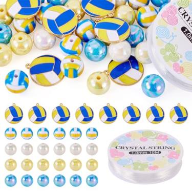 Imagem de KISSITTY Pulseiras esportivas com tema de vôlei, kit de fabricação de chaveiros, contas espaçadoras redondas e soltas, pingentes de liga esmaltada, pingentes de vôlei com cordão elástico de cristal