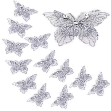 Imagem de FixrWre 12 peças 3D strass renda bordado borboletas apliques, costura artesanato dupla camada organza remendos para vestido de noiva casamento roupas chapéu cortina (cinza)