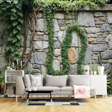 Imagem de Murais de parede de tamanho personalizado, parede de pedra verde vinhas tecido de parede autoadesivo (sem PVC) papel de parede grande removível para sala de estar, quarto, escritório
