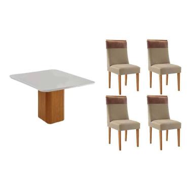 Imagem de Sala Jantar Mesa Maldivas Tampo c/ Vidro Curvo 90cm+4 Cadeiras Jaspe Madeira Naturale/Off White - Capuccino/Linho Bege - Rufato