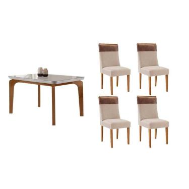 Imagem de Sala Jantar Mesa Londrina Tampo c/ Vidro Curvo 120cm 4 Cadeiras Jaspe Madeira Naturale/Off White - Capuccino/Suede Creme - Rufato