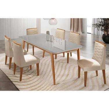 Imagem de Sala Jantar Mesa Havana Tampo c/ Vidro Curvo 180cm+6 Cadeiras Maldivas Madeira Naturale/Off White - Capuccino/Suede Creme - Rufato