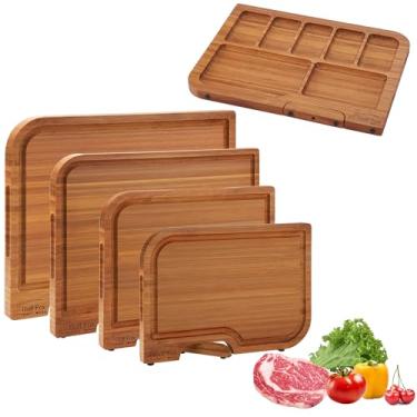 Imagem de Conjunto de 4 tábuas de corte de bambu, tábua de corte de madeira para cozinha com suporte inovador, ranhura e alça de suco, dupla face para picar e tábua de charcutaria, presente de cozinha para