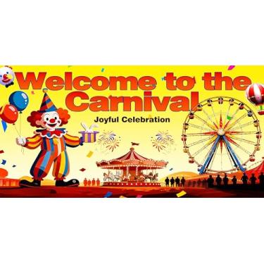 Imagem de Grande faixa de carnaval, decorações de circo de 180 x 90 cm, com padrão de palhaço, carrossel e roda gigante, adequada para celebrações divertidas, festas e todos os tipos de eventos. Resistente a