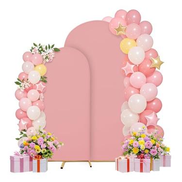 Imagem de Conjunto de capas de arco de casamento de 2 m, 1,8 m, arco, suporte de arco, tecido elastano, pano de fundo elástico para decoração de festa de aniversário de casamento, chá de bebê (rosa claro)