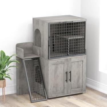 Imagem de GAOMON Caixa de areia para gatos com escada e plataforma, móveis de caixa de areia oculta de camada dupla, casa de campo de banheiro interno para gatos, design MDF resistente, 85 x 45 x 106 cm