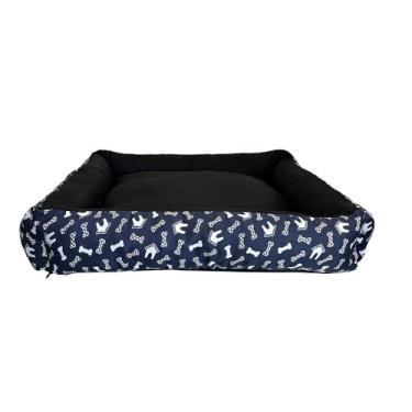 Imagem de Cama Pet Quadrada Impermeável Extra Grande, Tecido Oxford Estampado com Ossos, Forro PVC Impermeável, 70x70x15 cm, Azul Marinho com Preto (Azul Marinho)