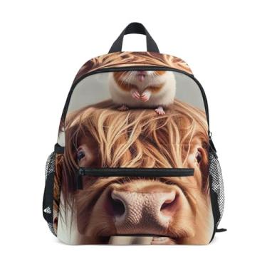 Imagem de GAIGEO Cute Highland Cow Hamster Mini Backpack for Kids with Whistle, 2 Bottle Pockets, Lightweight, Kids Travel Backpack 10x4x12 In, for Ages 3-8
