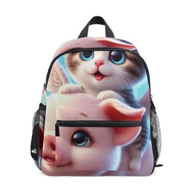 Imagem de GAIGEO Kitten Cat Cute Pig Little Kid Backpack with Whistle, 2 Bottle Pockets, Lightweight, Girls Backpack Elementary School 10x4x12 In, for Ages 3-8