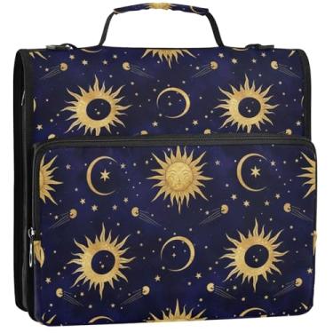 Imagem de 3 fichários de 3 anéis de 3 anéis celestiais dourados sóis luas com zíper bolsa organizadora de fichários escolares com alça de ombro para portfólio floral comporta 500 lençóis, 34,5 x 31,5 x 9 cm