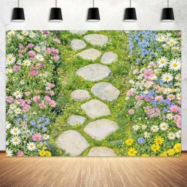 Imagem de 2,1 x 1,5 m cenário de primavera flores jardim grama verde gramado pedra flores silvestres fotografia pano de fundo floresta natureza crianças adultos festa de aniversário retrato cabine de fotos