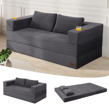 Imagem de MeMoreCool Sofá cama queen conversível futon, sofá-cama dobrável de chão com travesseiro, sofá-cama dobrável cinza veludo cotelê, sofá dobrável desossado para sala de estar, espaços pequenos