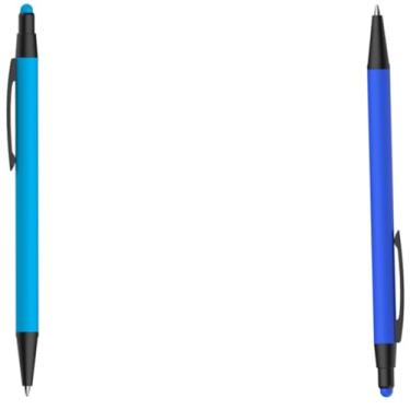 Imagem de Caneta esferográfica em metal Emborrachada com ponta touch escrita em azul. (Azul Claro e Azul)