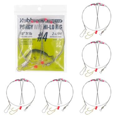 Imagem de Xubbwov Porgy Wire Hi-Lo Rig, 45.7 cm 31.8 kg Fio de aço resistente Leader, Double Drop Saltwater Bottom Rig, conta-gotas mono amarrado à mão com ganchos de isca dourados, pacote com 6, para Scup