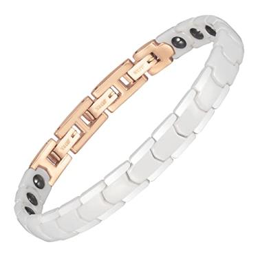 Imagem de EnerMagiX Pulseira de cerâmica para mulheres, pulseira de minério preto e germânio, para alívio da dor da artrite no túnel do carpo joia magnética presente feminina pulseira de cerâmica branca