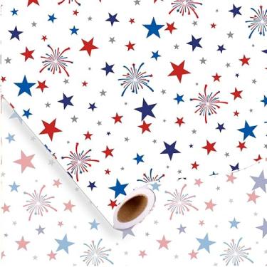 Imagem de JarThenaAMCS Papel de embrulho patriótico - Mini rolo - 43 cm x 80 m vermelho azul estrela fogos de artifício papel de embrulho para presente para 4 de julho Dia da Independência artesanato DIY