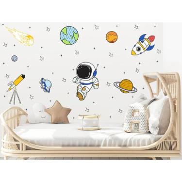 Imagem de Adesivo de Parede Astronauta Planetas Foguete Colorido Satélite Júpite