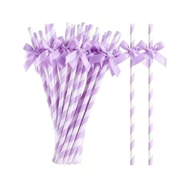 Imagem de 20 canudos roxos, gravatas-borboleta descartáveis decorativos para coquetéis, canudos de papel fofos biodegradáveis de 19,6 cm, aniversário, piquenique, casamento, suprimentos de festa para suco, café