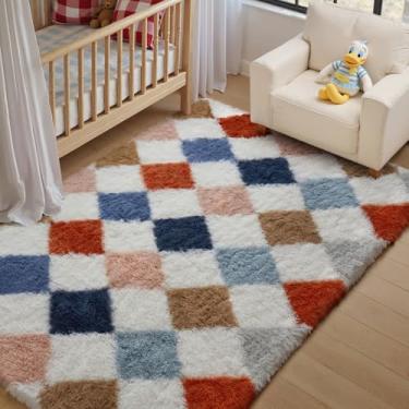 Imagem de HUGEAR Tapete quadriculado 10 x 15 cm para sala de estar Coloful moderno tapete felpudo macio lavável multi interior felpudo tapete aspirador para quarto casa dormitório decoração antiderrapante