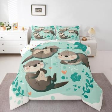 Imagem de Erosebridal Jogo de cama casal, lontra marinha, para decoração de quarto de crianças, meninas, meninos, kawaii, tema da vida do oceano, 2 fronhas