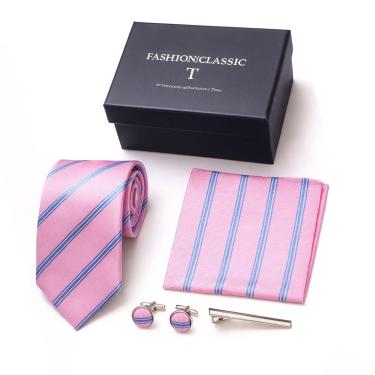 Imagem de Kit Gravata Masculina e Lenço Poliester Rosa Casamento