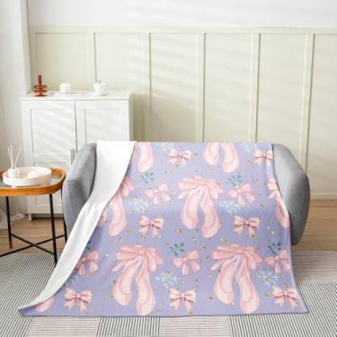 Imagem de Cobertor de flanela para sapatos de balé, tema de dança, princesa rosa, laço rosa, cobertor de lã roxo sonhador para decoração de quarto, cobertor de bolinhas brilhantes douradas para sofá de sofá