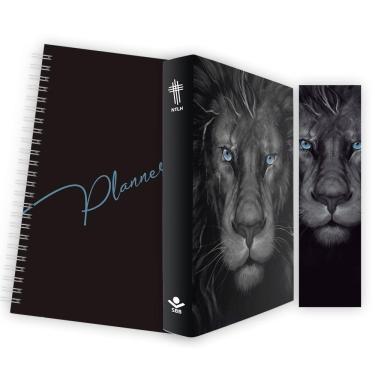Imagem de Livro - Kit Leão Grafite - Planner Capa Lisa + Bíblia Capa Dura NTLH + Marca Página