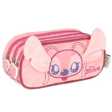 Imagem de Estojo Triplo Escolar Stitch Pelúcia 3D Disney Rosa Infantil - Luxcel