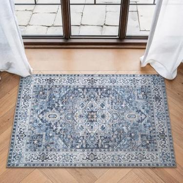 Imagem de Bloom Rugs Tapete lavável antiderrapante 2x3 - Tapete de área oriental tradicional azul para sala de estar, quarto, sala de jantar e cozinha - Tamanho exato: 5 x 7 cm