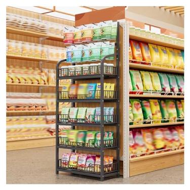 Imagem de Suporte de exibição de lanche de 4/5 níveis com gancho, prateleira de batata frita para cozinha comercial supermercado despensa, organizador de alimentos para sala de descanso (cor: 5 camadas preto