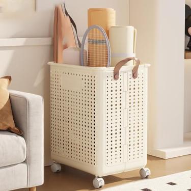 Imagem de Suporte de tapete de ioga dobrável com rodas – rack de armazenamento retangular para academia em casa e equipamentos de treino, perfeito para rolos de espuma e bolas (bege, grande)