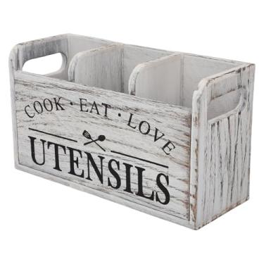 Imagem de SPYMINNPOO Caixa de Talheres de Madeira, Suporte para Utensílios de Cozinha de Madeira Paulownia Com 3 Compartimentos para Fácil Acesso, Organizador de Armazenamento de Bancada Estilo Vintage para