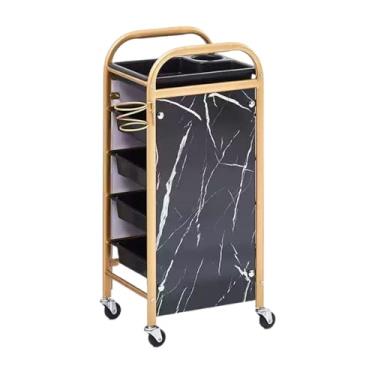 Imagem de Carrinho de barbearia multifuncional com bancada de trabalho - Carrinho de salão de beleza dourado, armazenamento de 5 gavetas, anel de metal lateral, grande capacidade, fácil de mover, ideal para