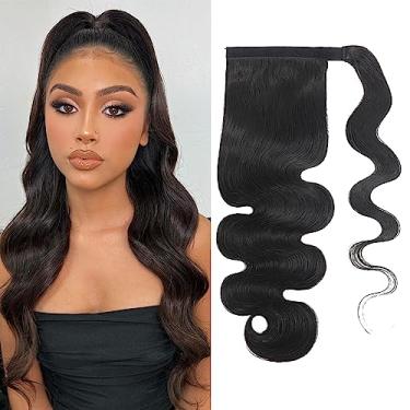 Imagem de Rabo de cavalo ondulado de cabelo humano com extensão de cabelo humano encaracolado com pasta mágica para mulheres negras - 150% de densidade de cabelo preto natural - 45,7 cm, onda corporal preta