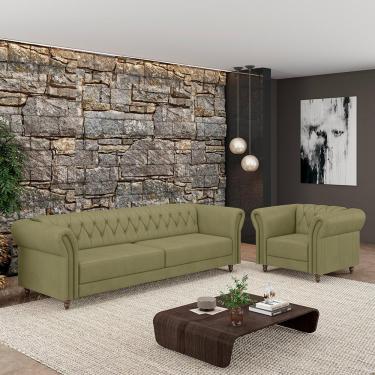 Imagem de Conjunto Sala de Estar 1 Sofá Living 220cm e 1 Poltrona Stanford Chesterfield Pés Madeira Couro Fendi G58 - Gran Belo