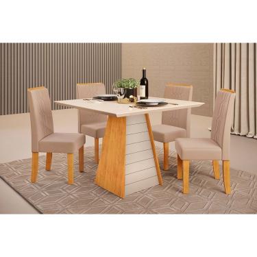Imagem de Conjunto: Mesa de Cozinha Fler c/ Tampo Madeirado c/ Vidro 90x90cm e 4 Cadeiras Zoe Cedro/Off White - Suede Creme - DJ Móveis