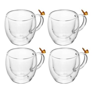 Imagem de Jogo 4 Xícara De Café 80ml Borboleta Parede Dupla Vidro Transparente Sun Garden Wolff