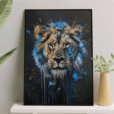 Imagem de Quadro Leão Tinta Azul 33X24Cm - Com Vidro