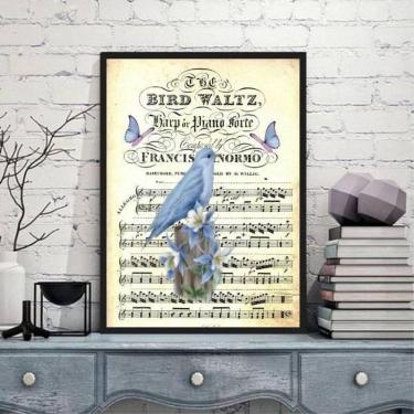 Imagem de Quadro Vintage Passarinho 45x34cm - Vidro e Moldura Preta