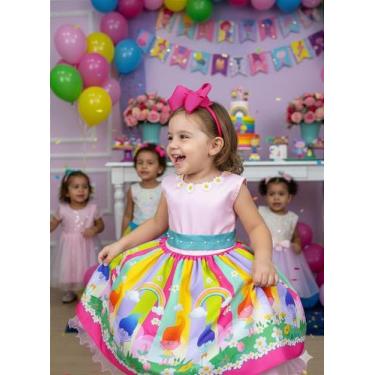 Imagem de Vestido Temático Infantil Luxo Trolls - Estilo Colorido e Arco-Íris - 