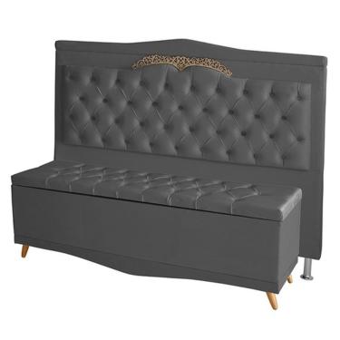 Imagem de Kit De Cabeceira De Cama Box E Calçadeira Baú Barcelona Casal 140 Cm Retro Capitonê Suede Grafite Do Lar Móveis