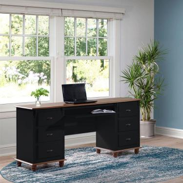 Imagem de Escrivaninha 6 Gavetas Suporte de Teclado e Divisor de Ambiente 50606 Linz Móveis - Preto/Imbuia